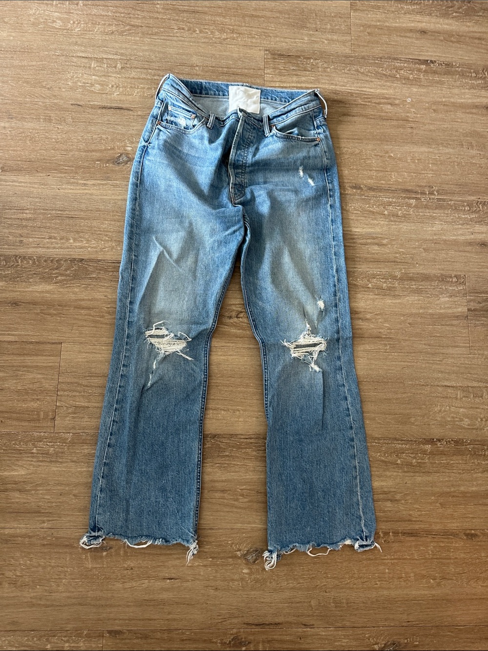 MOTHER Straight-Leg Distressed Jeans - Light Blue